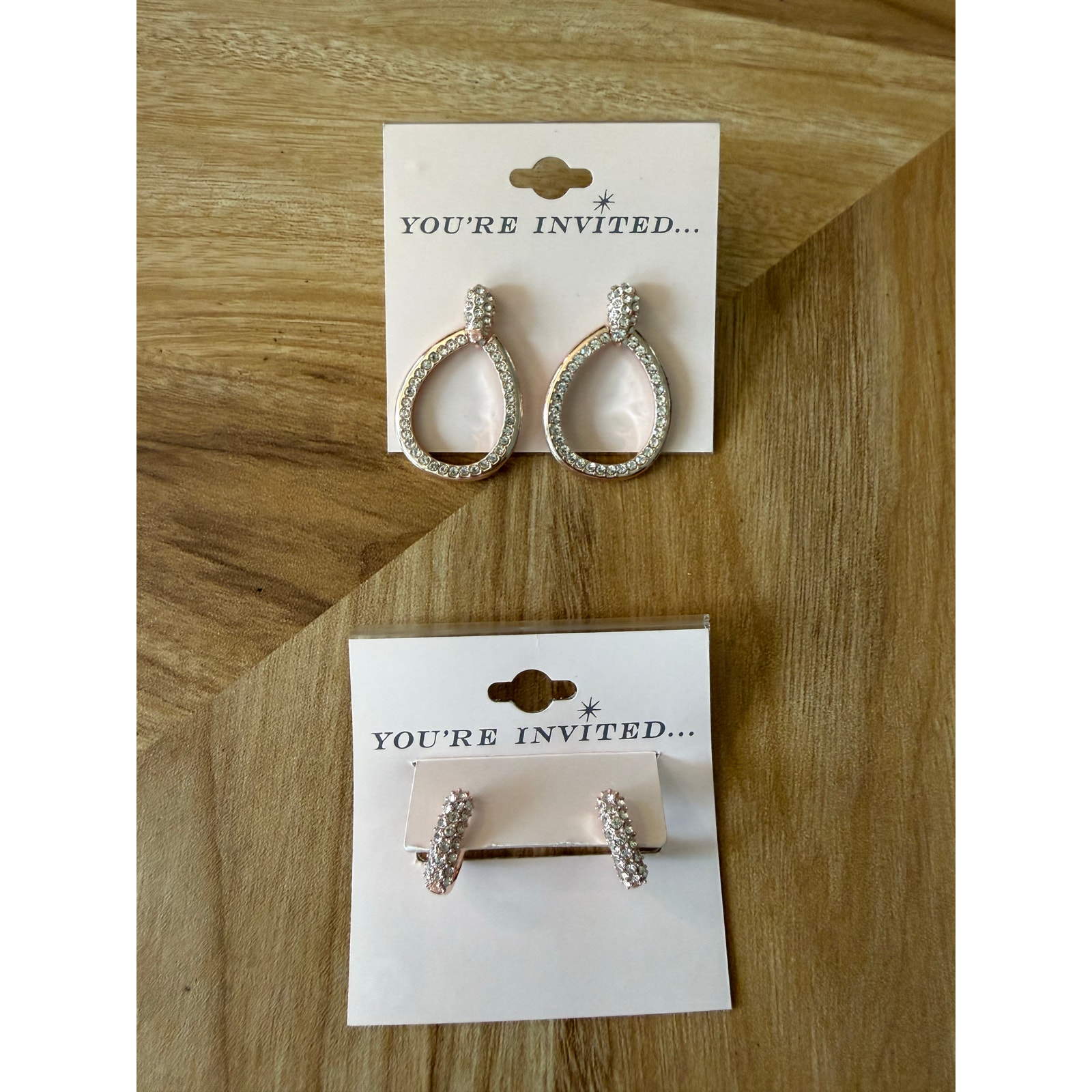 Nwt “You’re Invited” Rose Gold Tone Rhinestone Earring Bundle (2)
